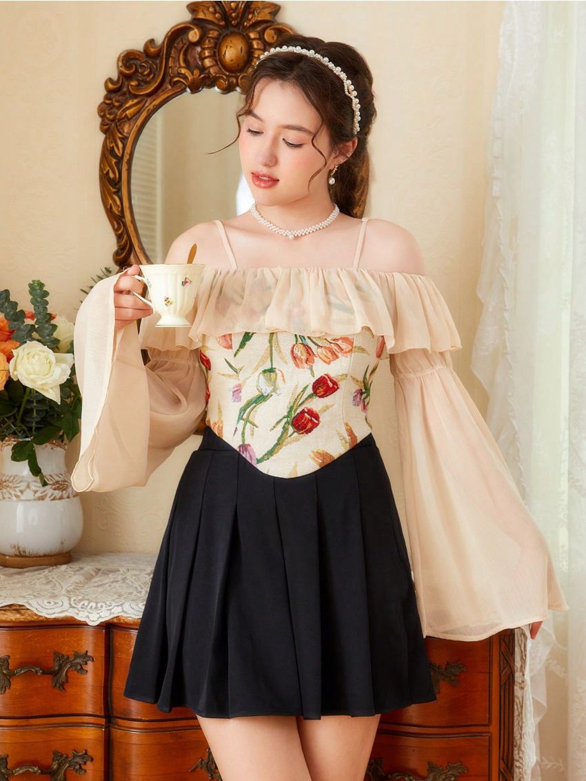 SHEIN Teen Girls' Jacquard Woven Chiffon Off Shoulder Top With Spaghetti Straps