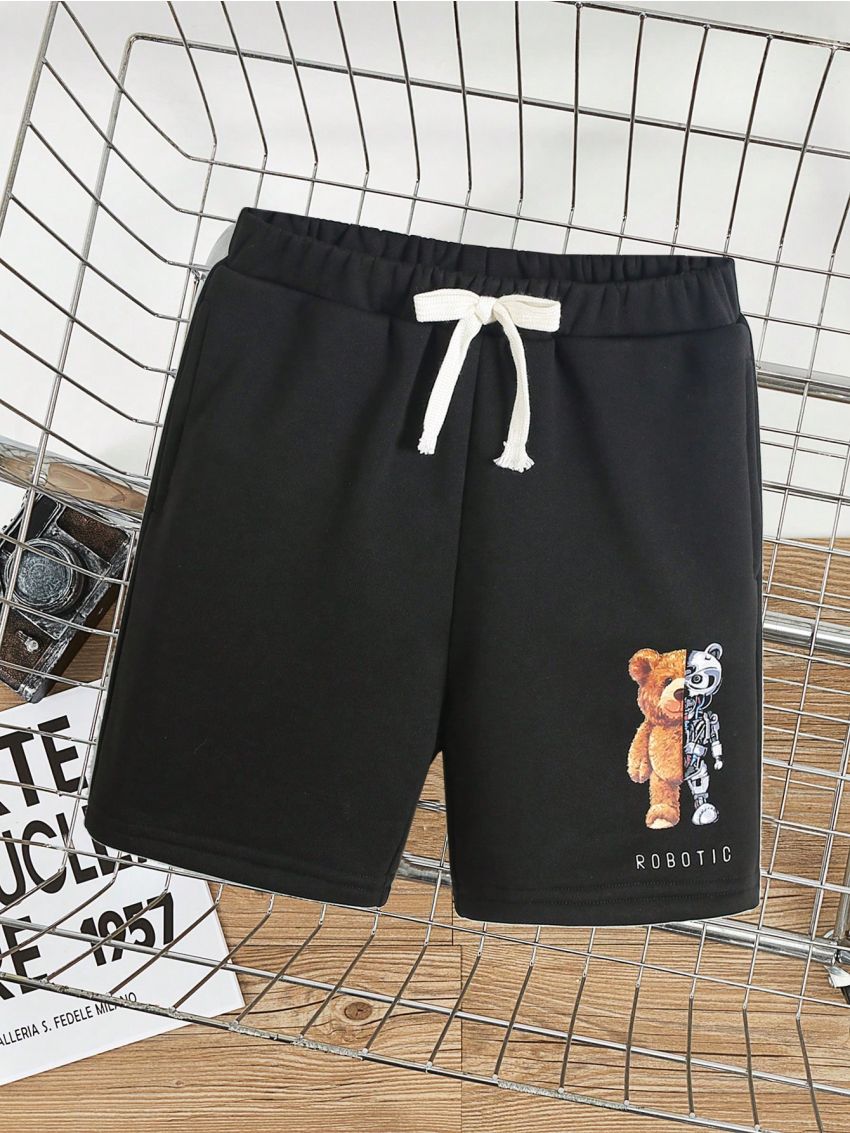 1pc Young Boys' Casual, Academy, Comfortable, Fashionable, Simple, Practical, Versatile, Soft, And Comfortable Street-Style Bear And Robot Patterned Breathable Shorts Suitable For Spring And Summer