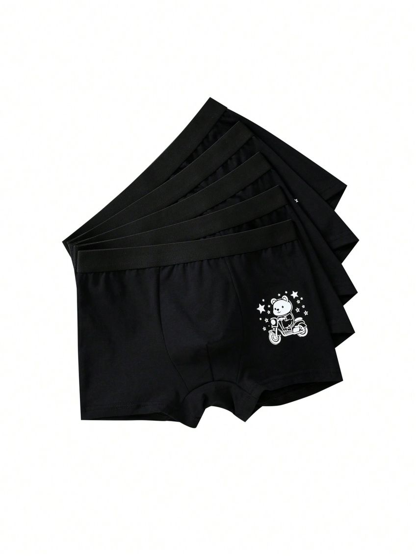 Boys' Comfy Stretchable Black 5pcs Bear Pattern Boxer Brief Set
