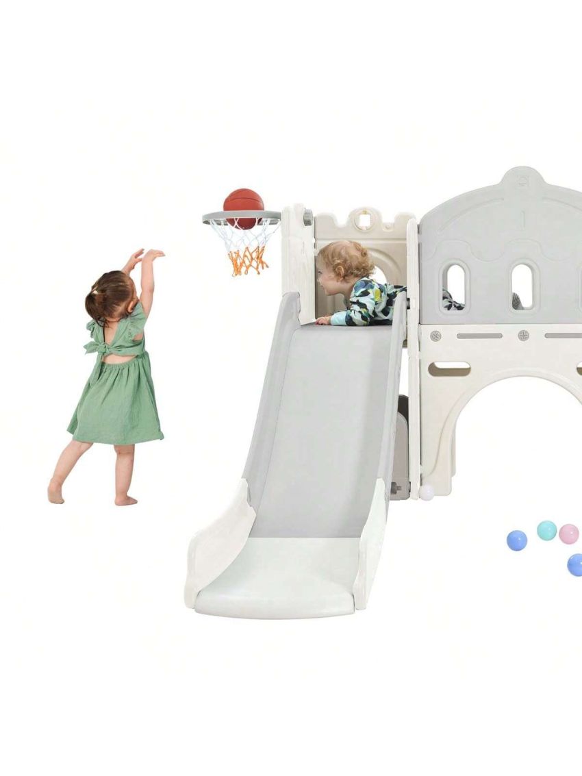 Merax Kids Slide Playset Structure, Freestanding Castle Climber with Slide and Basketball Hoop, Toy Storage Organizer for Toddlers, Kids Climbers Playhouse for Indoor Outdoor Playground Activity