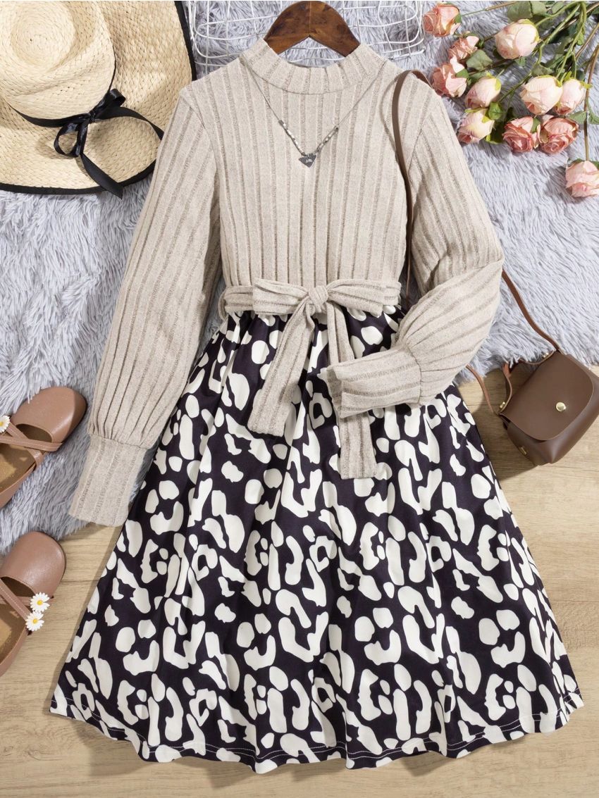 Teen Girls' Striped & Printed Patchwork Long Sleeve Dress