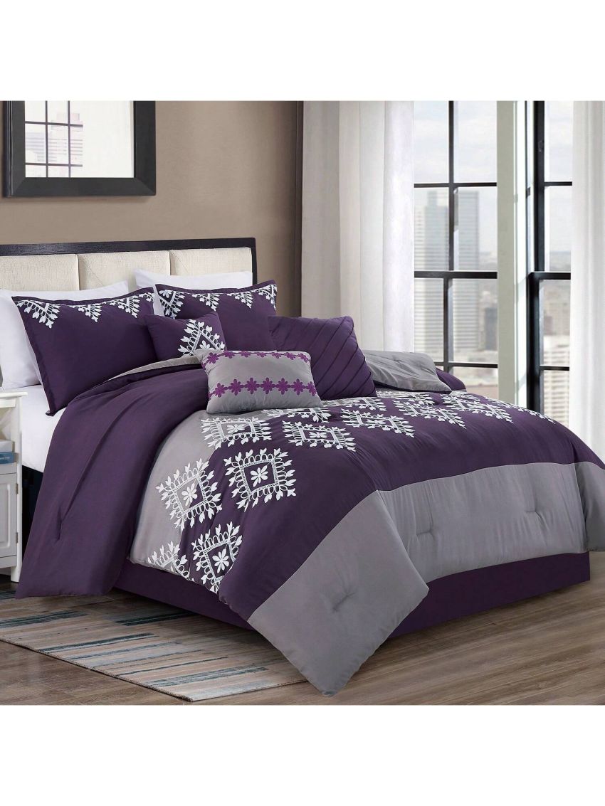 7 Piece Embroidered Design Comforter Set Bed in a Bag