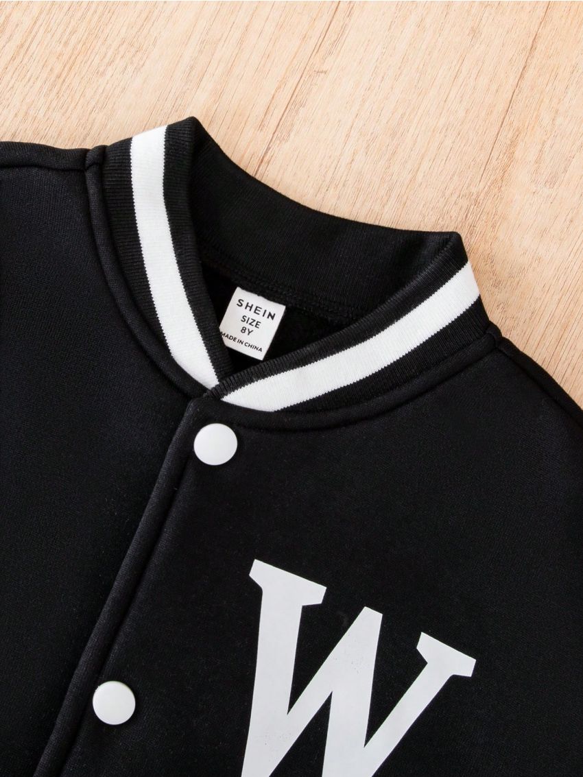 SHEIN Boys' Casual Letter Printed Baseball Collar Color Block Jacket With Zip, Autumn And Winter