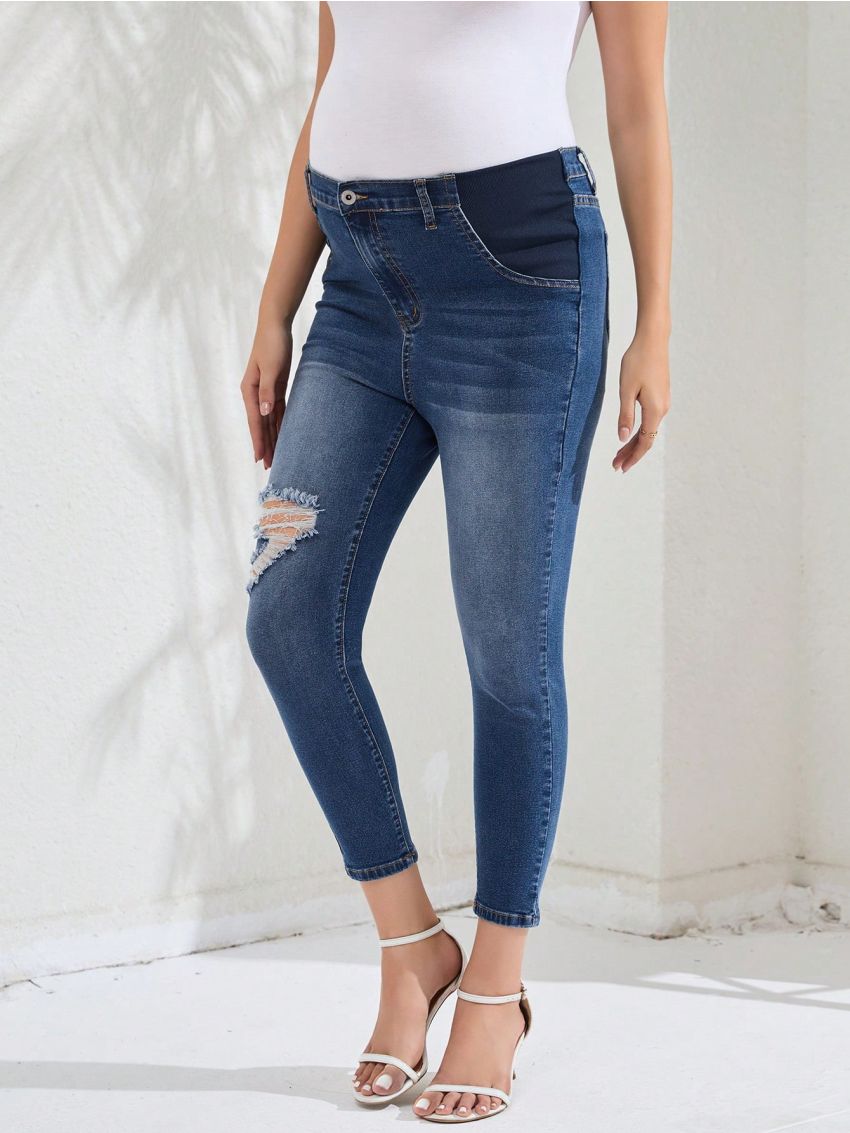 SHEIN Pregnant Women's Tight Distressed Jeans