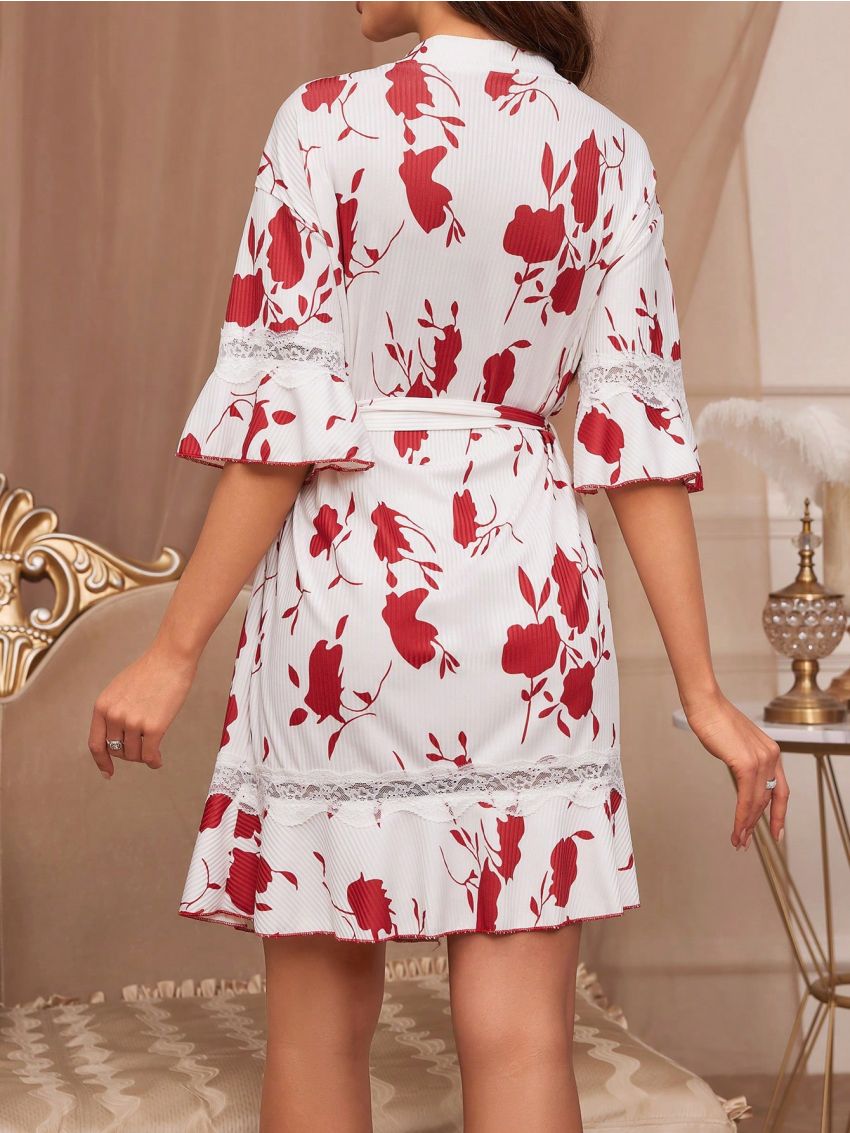 Women's Floral Print Wrap Design Robe For Sleepwear