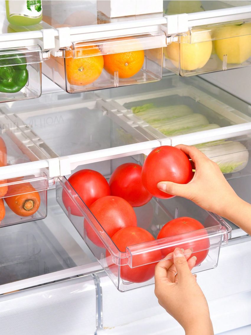 SHEIN Basic living 1Pc Fridge Drawer Organizer,Refrigerator Organizer Bins,Under Shelf Storage Drawer,Fridge Storage Box Shelf Holder,Pull Out With Handle,Clear Container For Food,Drinks,Fit for Fridge Shelf Under 0.6,Kitchen Storage Supplies,
