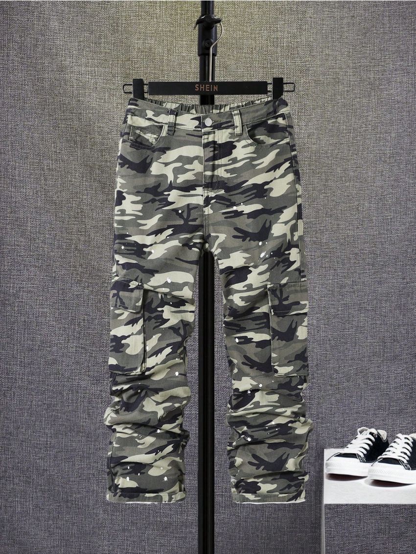SHEIN SHEIN Tween Boys' Straight Leg Camo Print Denim Jeans With Flap Pocket Side Cargo Pocket, For Tween Boy Outfits