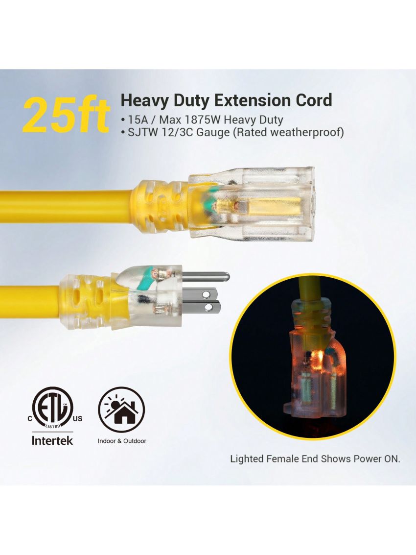 DEWENWILS 12/3 Gauge Indoor/Outdoor Extension Cord with LED Lighted End, SJTW 15 Amp/125V/1875W Yellow Outer Jacket Contractor Grade Heavy Duty Power Cable with Grounded Plug, ETL Listed