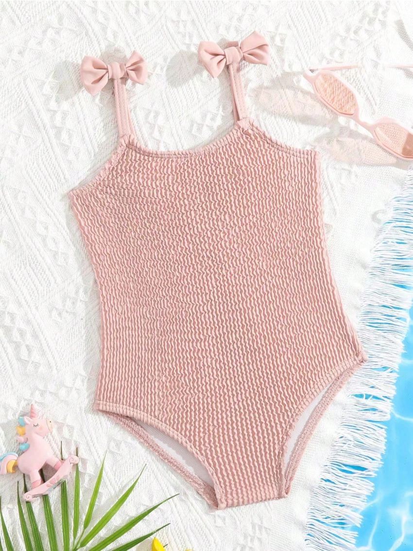Infant Girls' Summer Swimwear With Unique Pebble Stripe Fabric And Little Bow Decoration