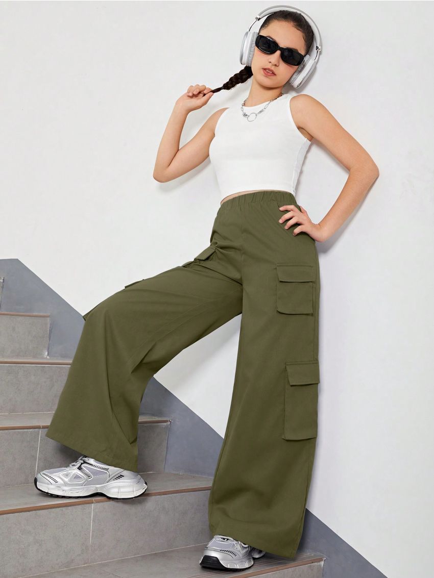 SHEIN Teen Girls' Solid Color Ribbed Camisole Top And Loose Solid Color Jogger Pants, Sporty Casual 2-Piece Set