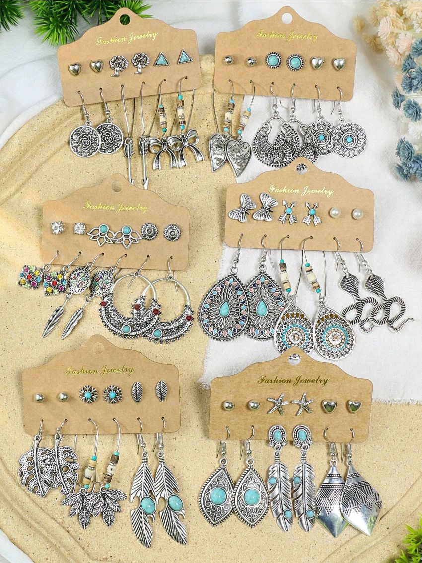 36pairs Bohemian Style Geometric Shape Multicolor Beaded Zinc Alloy Drop Earrings Set For Women