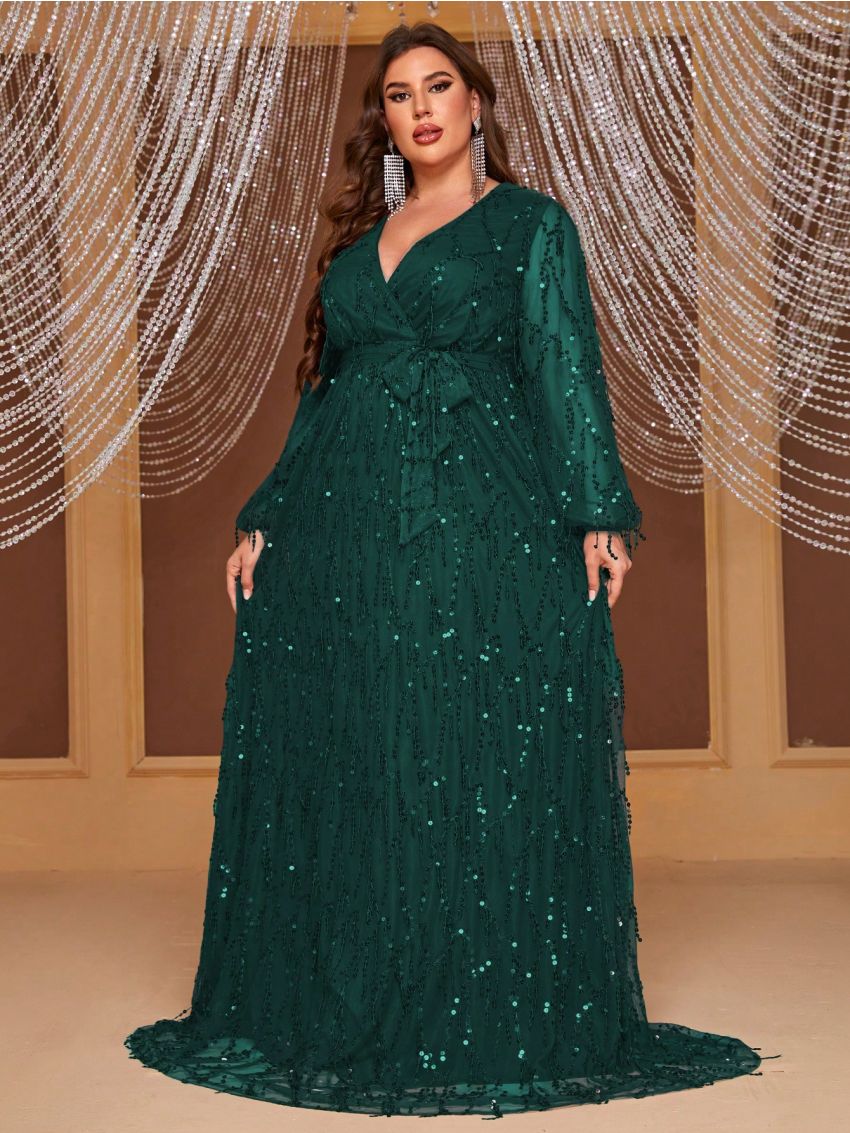 Giffniseti Plus Plunging Neck Belted Sequin Formal Dress