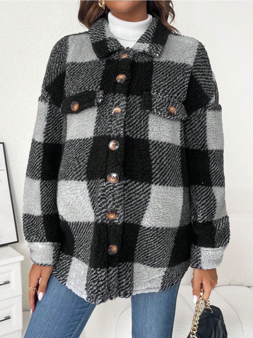 SHEIN Maternity Buffalo Plaid Print Drop Shoulder Teddy Coat