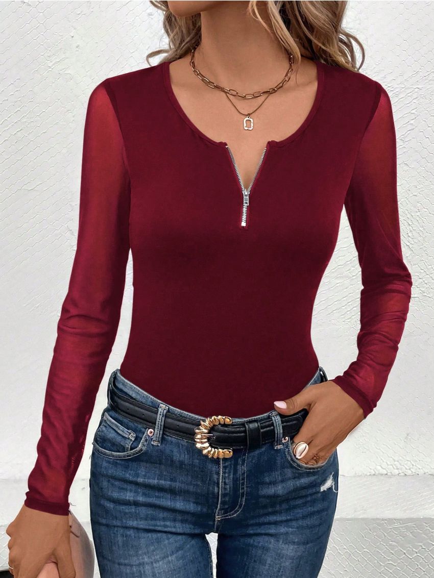 SHEIN Essnce Contrast Mesh Half Zip Tee