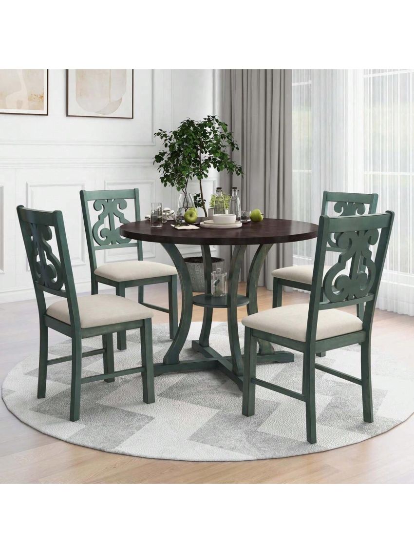 Merax 5-Piece Round Dining Table and Chair Set with Special-shaped Legs and an Exquisitely Designed Hollow Chair Back for Dining Room
