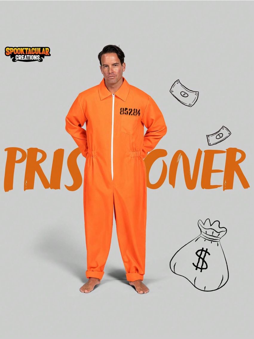 Spooktacular Creations Prisoner Jumpsuit Men's Orange Prison Escaped Inmate Jailbird Coverall Costume Halloween Costume
