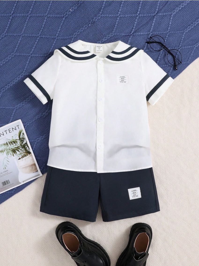 SHEIN Kids Academe Young Boy Color Block Collar Shirt & Shorts Set With Alphabet Badge Detailing
