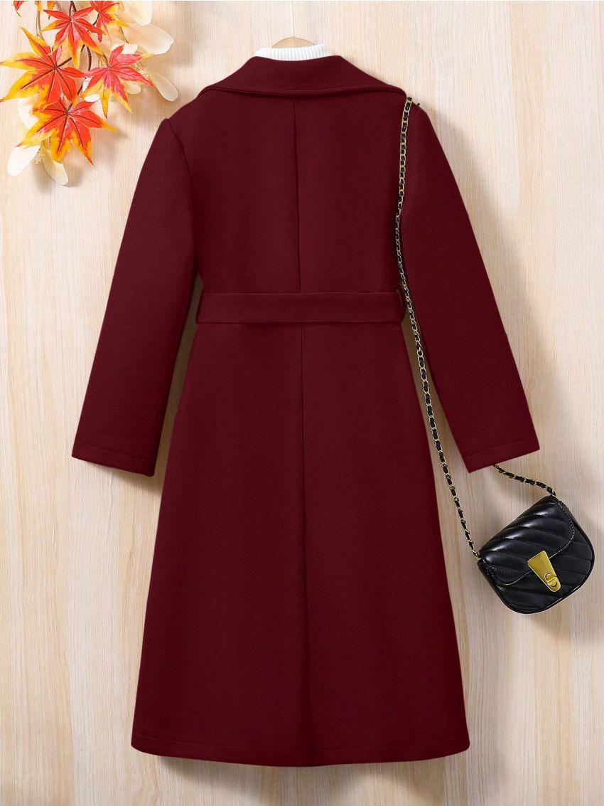 SHEIN Tween Girls Double-Breasted Belted Woolen Coat