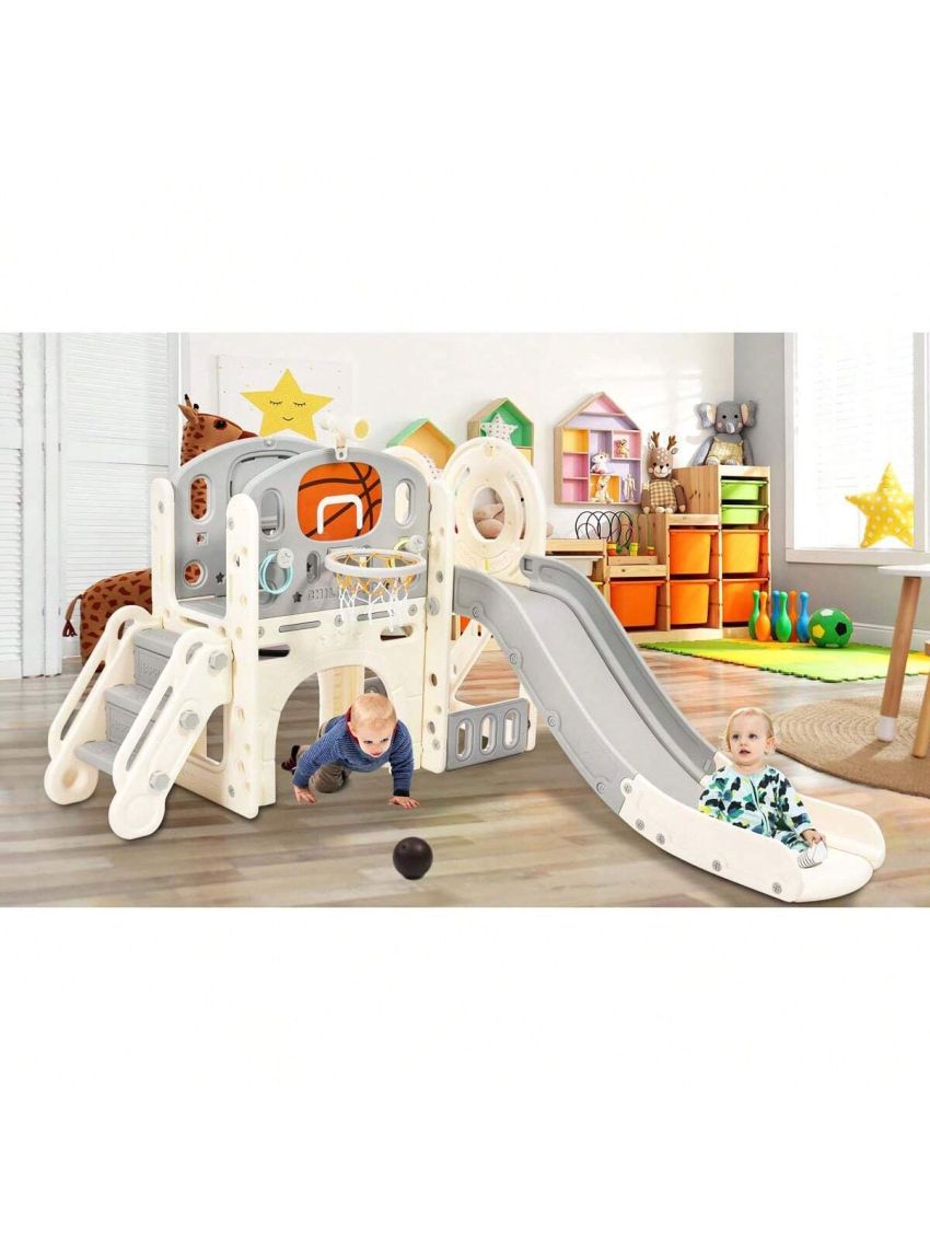 Merax Kids Slide Playset Structure, Freestanding Castle Climbing Crawling Playhouse with Slide, Arch Tunnel, Ring Toss, and Basketball Hoop, Toy Storage Organizer for Toddlers, Kids Climbers Playground