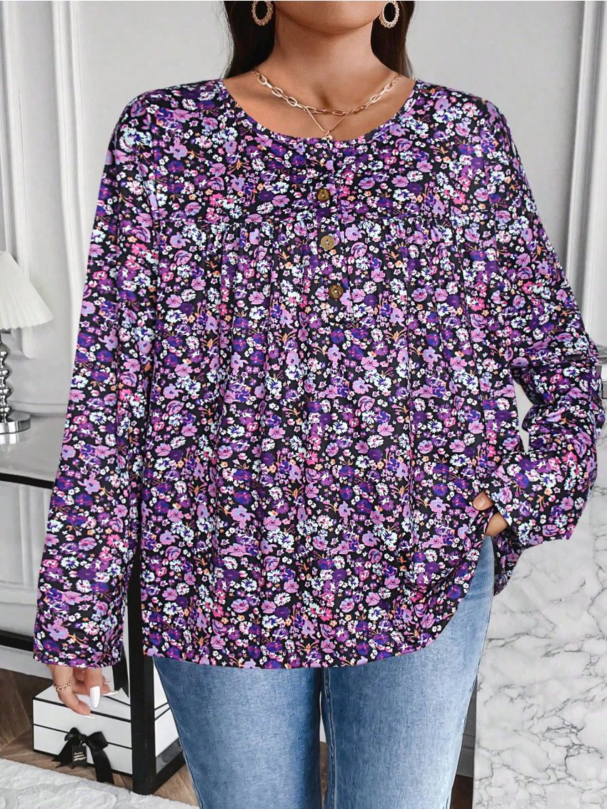 Plus Size Women'S Long Sleeve Top With Small Floral Pattern