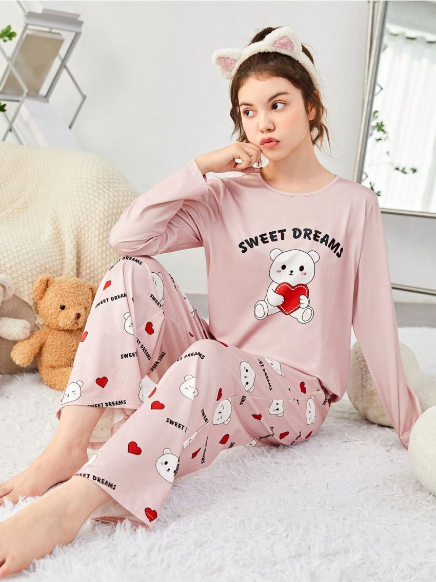 SHEIN 2pcs Teen Girls' Letter & Little Bear Pattern T-shirt And Pants Homewear