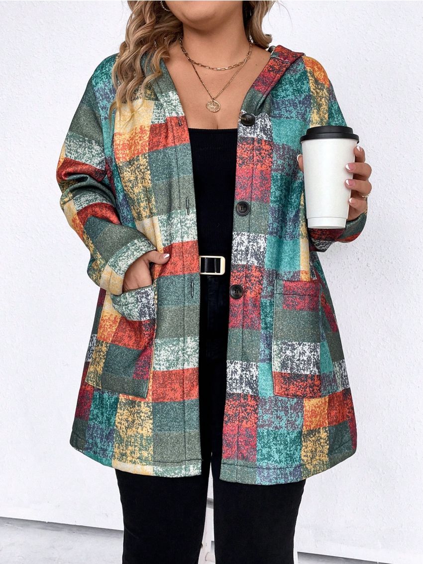 SHEIN LUNE Plus Size Color Block Grid Pattern Hooded Casual Woolen Coat