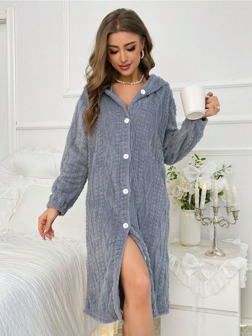 Button Through Flannel Lounge Robe