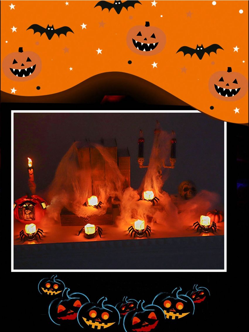 Halloween Decorative Led Electronic Candle Light With Spider Design, Table Lamp, Horrible Atmosphere, Built-in Battery