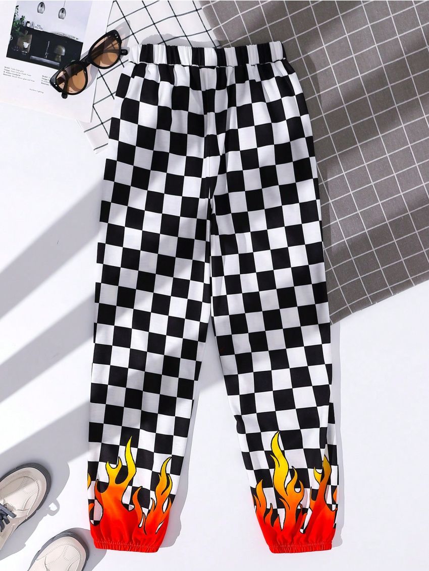 SHEIN Kids HYPEME Boys' Casual Loose Fit Plaid & Printed Jogger Pants