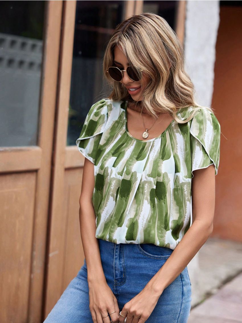 Brush Print Puff Sleeve Top