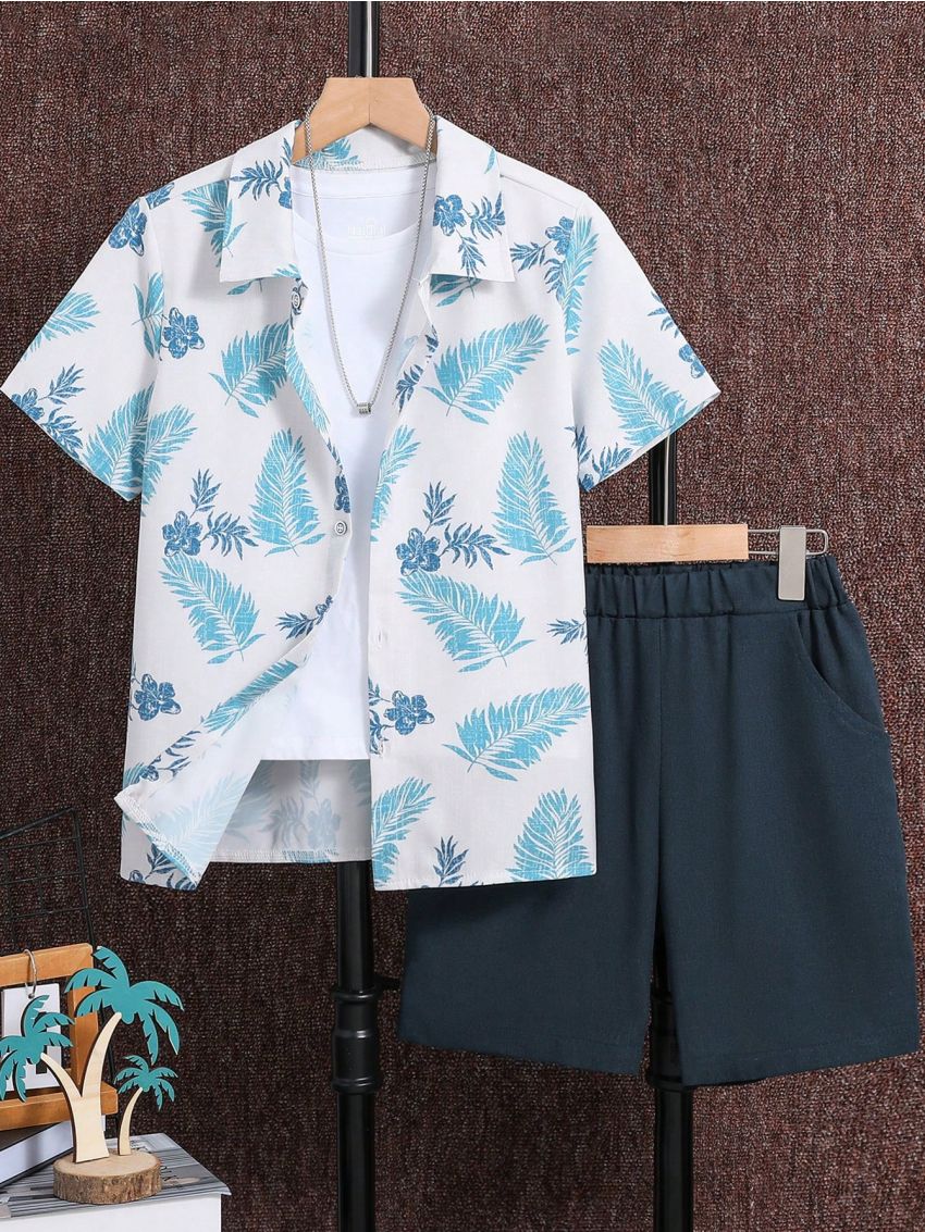 SHEIN Kids SUNSHNE Tween Boys' Plant Printed Shirt And Solid Color Shorts Set