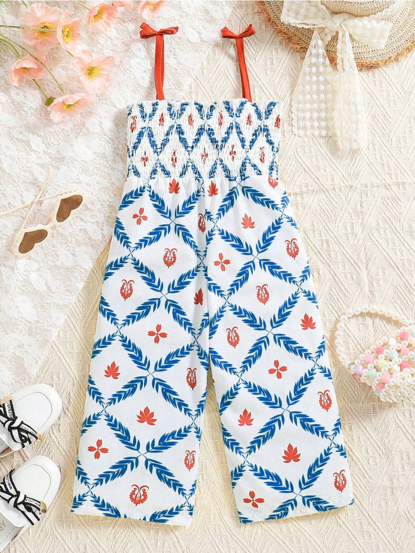 Baby Girls' Spring/Summer Vacation Style Leaf Print Cami Jumpsuit In Wrap Design