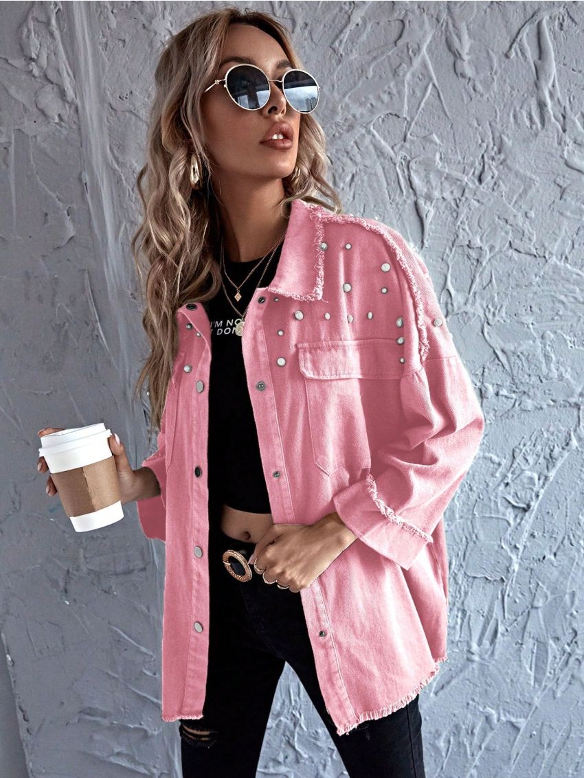 SHEIN LUNE Pearls Beaded Drop Shoulder Raw Hem Coat