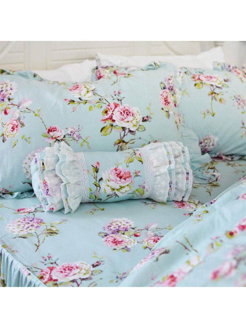 4-Pieces Shabby Floarl Cotton Bedding Set Light Blue Hydrangea Print Duvet Cover Set with Bedskirt French Country Style with Ruffle -1 Duvet Cover, 1 Bedskirt, 2 Pillowshams