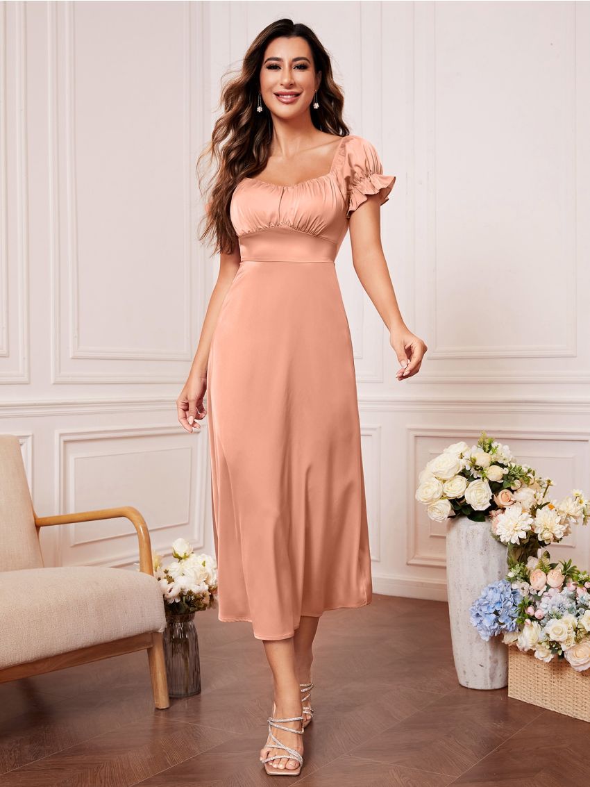 Ruched Bust Puff Sleeve Satin Bridesmaid Dress