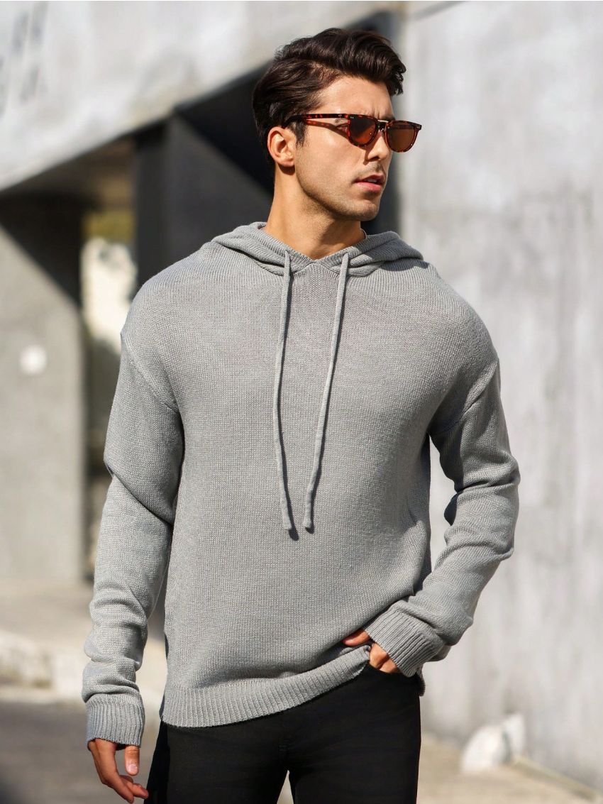 Manfinity Homme Men's Solid Colored Drawstring Hooded Long Sleeve Sweater