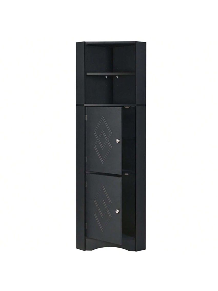 Tall Bathroom Corner Cabinet, Freestanding Storage Cabinet with Doors and Adjustable Shelves, MDF Board, Black