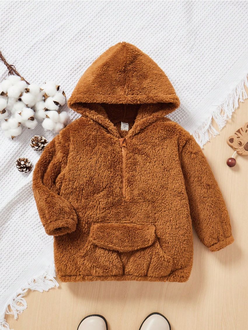 Toddler Girls' Teddy Hoodie With Kangaroo Pocket, Half Zipper Closure, And Matching Bag