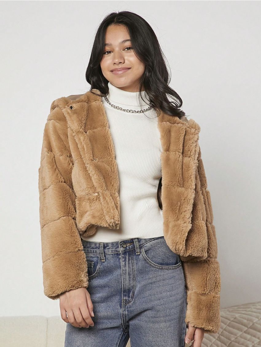 Teen Girl Open Front Hooded Teddy Jacket