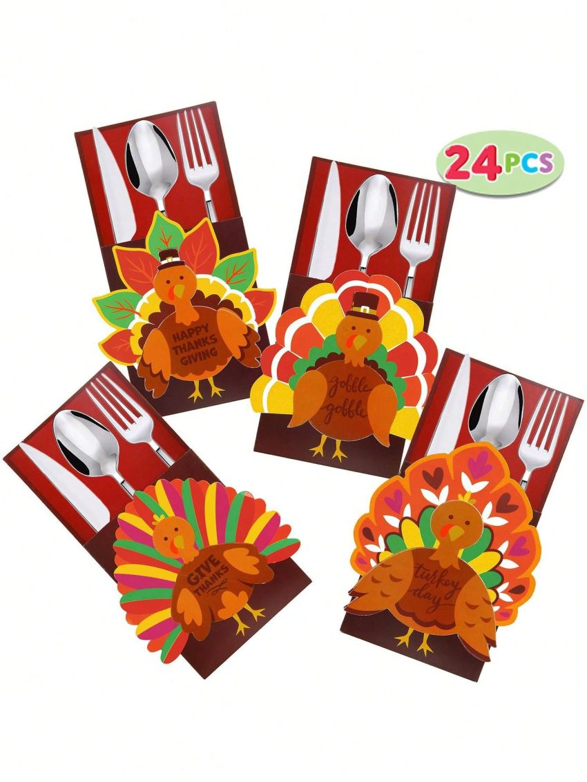 24 Thanksgiving Turkey Cutlery Decorative Utensil Holders for Autumn Fall Party
