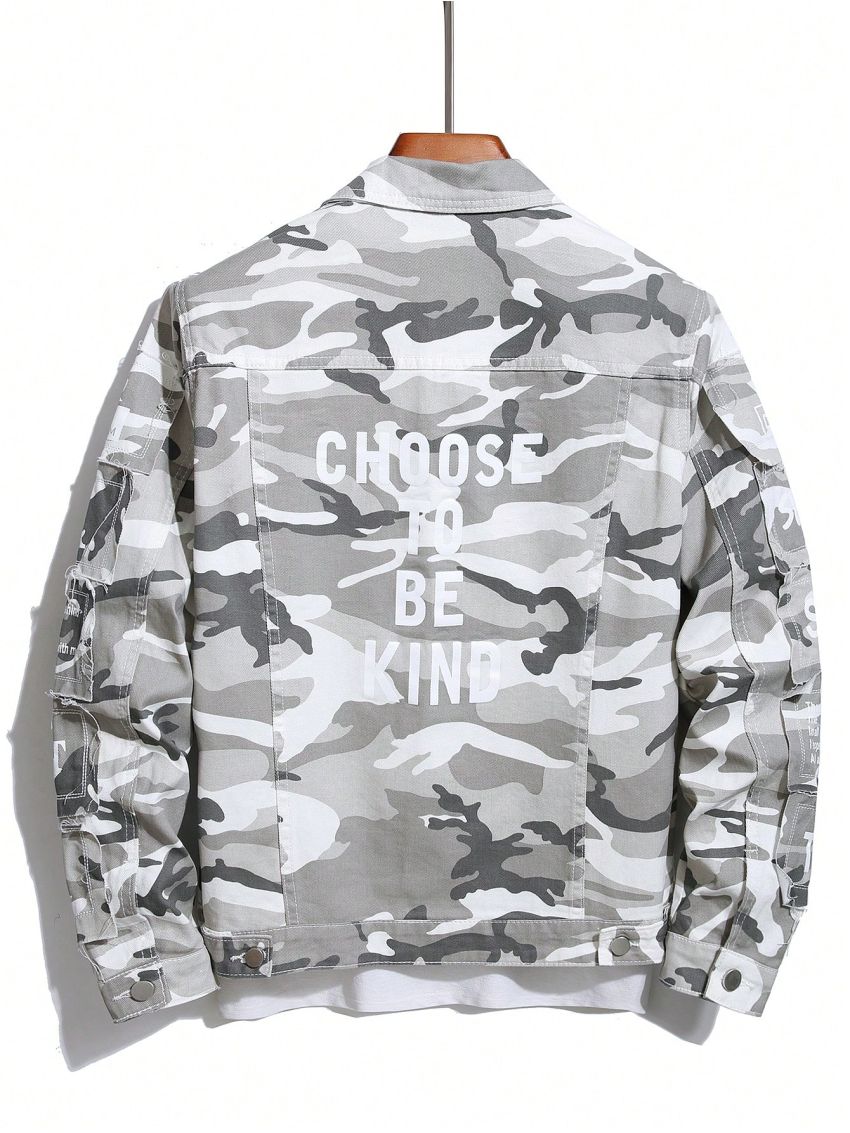 Manfinity EMRG Men's Camouflage Print Frayed Denim Jacket