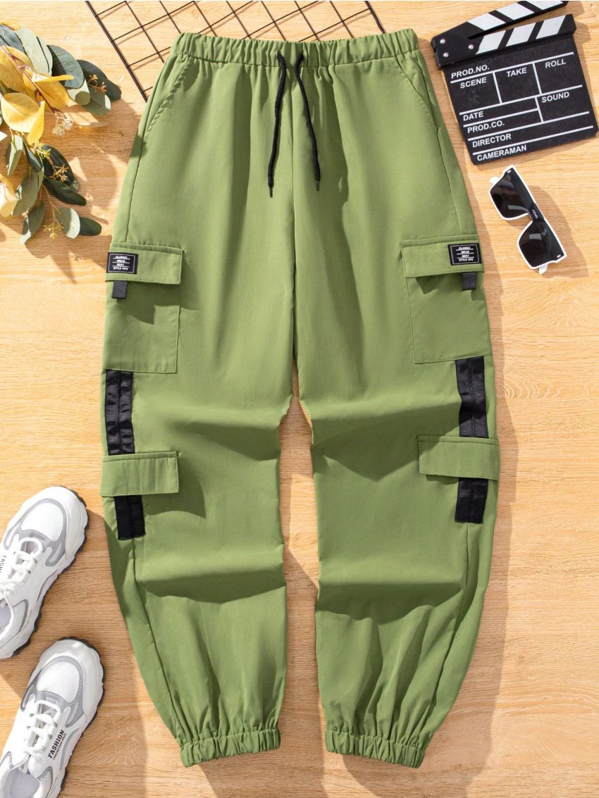 Teenage Boys' Long Workwear Style Pants With Decorative Flap Pockets And Woven Belt, For Spring And Autumn