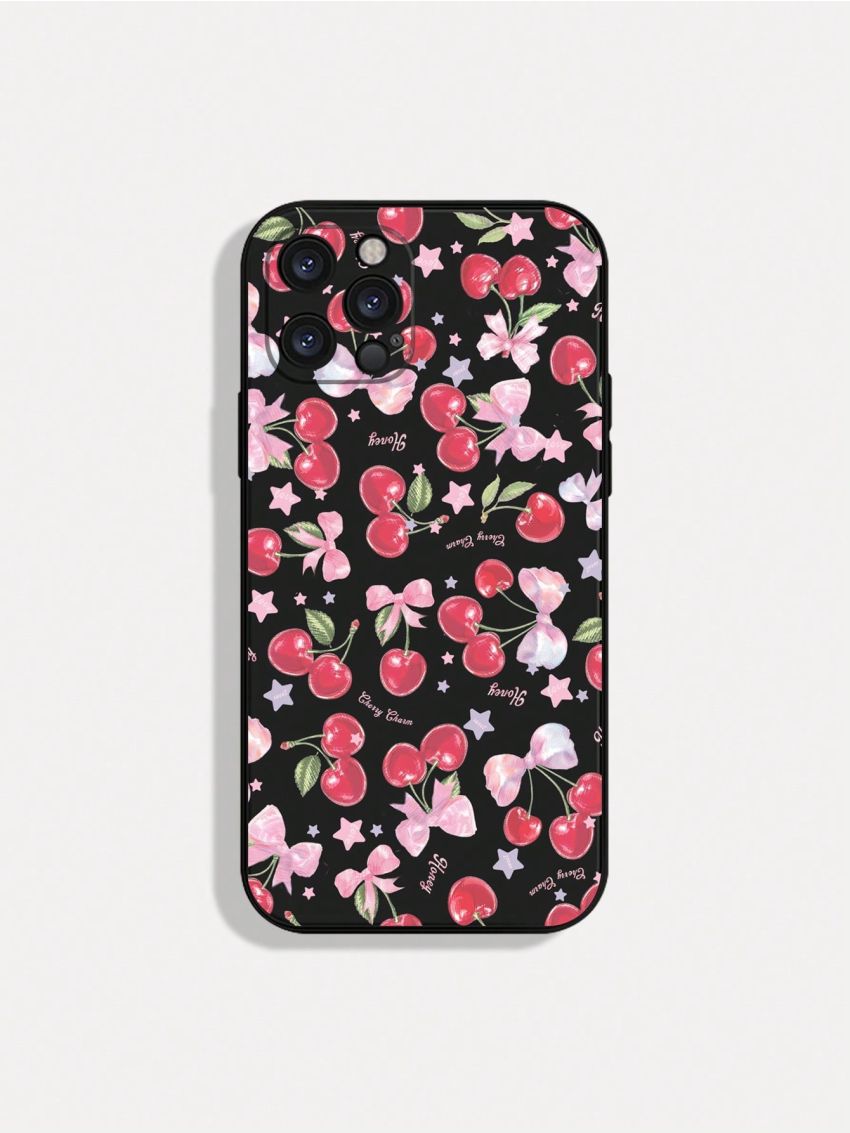 Bow Detail Cherry Painted Black Phone Case Compatible With IPhone 12 13 14 Series And Other Models