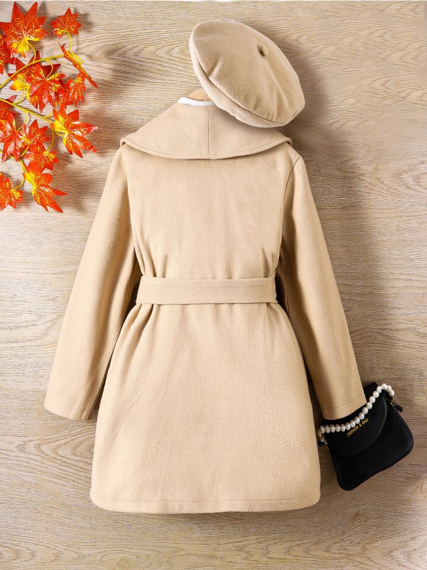 SHEIN Kids FANZEY Girls Waterfall Collar Double Breasted Belted Overcoat