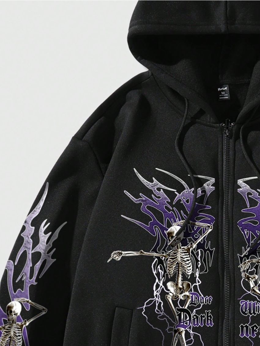ROMWE Grunge Punk Men's Letter Skull Printed Zip Up Hoodie