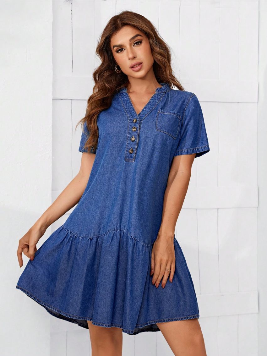 SHEIN LUNE Women's Denim Dress With Ruffle Hem And Notched Collar