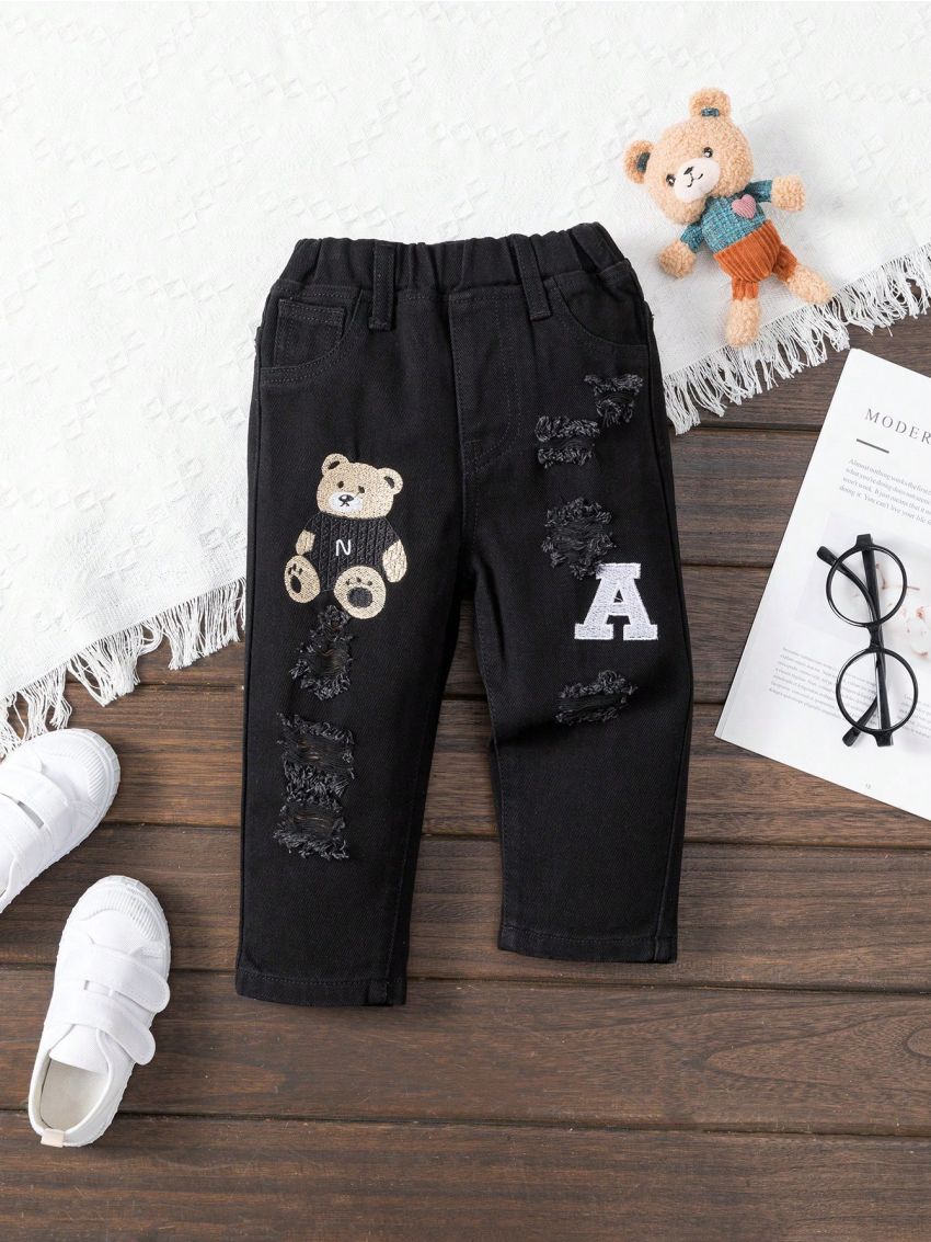 Baby Boys' Black Straight Leg Jeans With Ripped Details And Embroidery