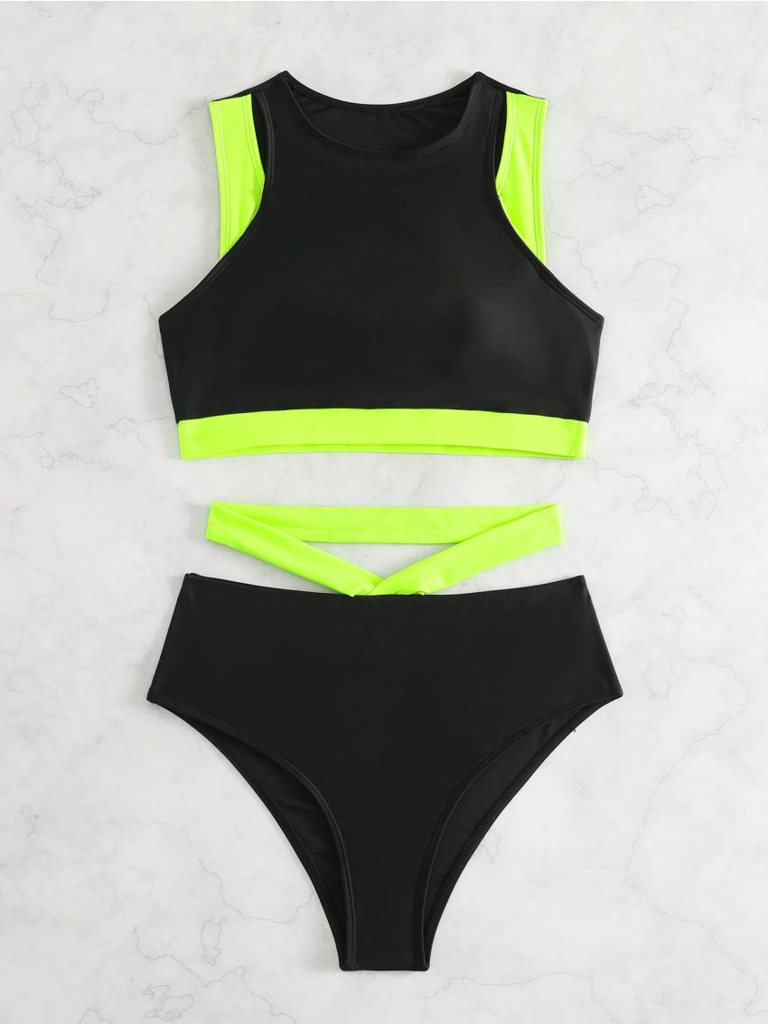 SHEIN Swim Summer Beach Contrast Neon Trim Bikini Set Bathing Suit