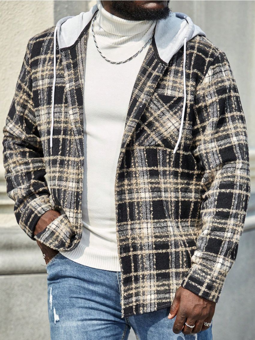 Manfinity Homme Men's Plus Size Plaid Hooded Shirt Jacket