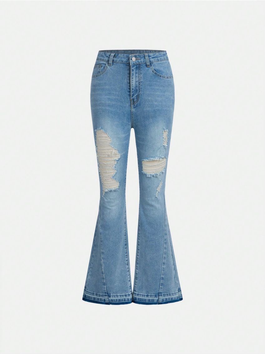 Teen Girl Y2k Vintage Bleach Wash Frayed Hole Low Waist Flare Jeans